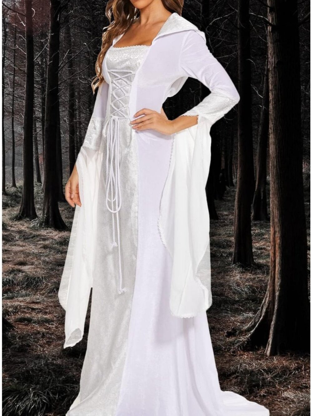 Women's White Vintage Embroidered Gown Halloween Medieval Deluxe Witch Hooded - Picture 4 of 7